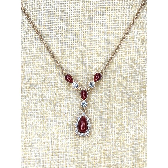 Gold-Tone Red Teardrop & Clear Crystal Pendant Necklace By Charter Club 18" Adju - Picture 1 of 8